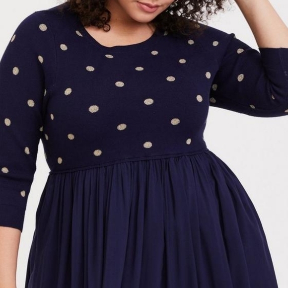 Torrid skater mini challis dress knit navy blue gold polka dot preppy 0X 💖 - Picture 14 of 14